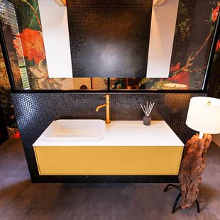 Badkamermeubelset Mondiaz Erin 120 cm met 1 Lade met RIDGE Wastafel Links Talc met 1 kraangat Greeploos Mat Ocher