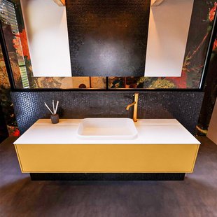 Badkamermeubelset Mondiaz Erin 150 cm met 1 Lade met RIDGE Wastafel Midden Talc met 1 kraangat Greeploos Mat Ocher