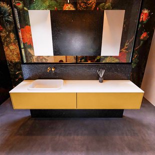 Badkamermeubelset Mondiaz Erin 200 cm met 2 Lades met RIDGE Wastafel Links Talc Zonder Kraangaten Greeploos Mat Ocher