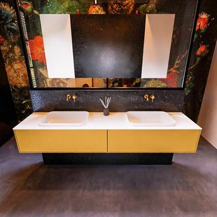 Badkamermeubelset Mondiaz Erin 200 cm met 2 Lades met RIDGE Wastafel Dubbel Talc Zonder Kraangaten Greeploos Mat Ocher