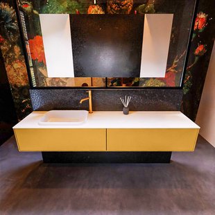 Badkamermeubelset Mondiaz Erin 200 cm met 2 Lades met RIDGE Wastafel Links Talc met 1 kraangat Greeploos Mat Ocher