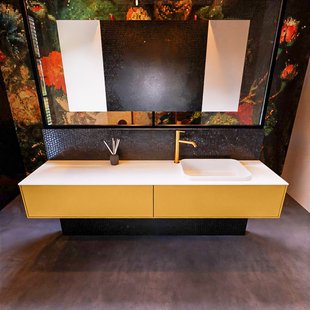 Badkamermeubelset Mondiaz Erin 200 cm met 2 Lades met RIDGE Wastafel Rechts Talc met 1 kraangat Greeploos Mat Ocher