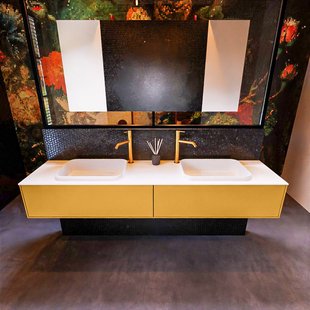 Badkamermeubelset Mondiaz Erin 200 cm met 2 Lades met RIDGE Wastafel Dubbel Talc met 2 kraangaten Greeploos Mat Ocher