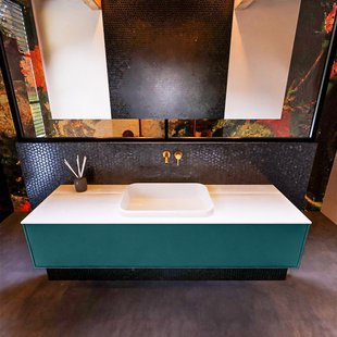 Badkamermeubelset Mondiaz Erin 150 cm met 1 Lade met RIDGE Wastafel Midden Talc Zonder Kraangaten Greeploos Mat Smag