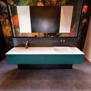 Badkamermeubelset Mondiaz Erin 200 cm met 2 Lades met RIDGE Wastafel Rechts Talc Zonder Kraangaten Greeploos Mat Smag