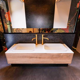 Badkamermeubelset Mondiaz Erin 150 cm met 1 Lade met RIDGE Wastafel Dubbel Talc met 2 kraangaten Greeploos Mat Washed Oak