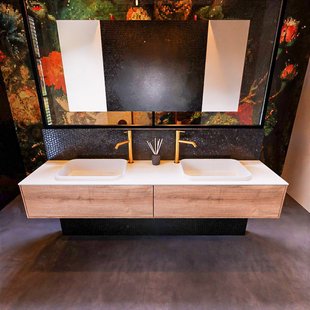Badkamermeubelset Mondiaz Erin 200 cm met 2 Lades met RIDGE Wastafel Dubbel Talc met 2 kraangaten Greeploos Mat Washed Oak