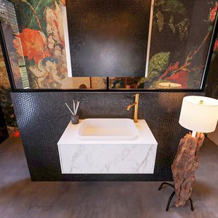 Badkamermeubelset Mondiaz Erin 80 cm met 1 Lade met RIDGE Wastafel Midden Talc met 1 kraangat Greeploos Mat Carrara