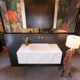 Badkamermeubelset Mondiaz Erin 100 cm met 1 Lade met RIDGE Wastafel Midden Talc Zonder Kraangaten Greeploos Mat Carrara