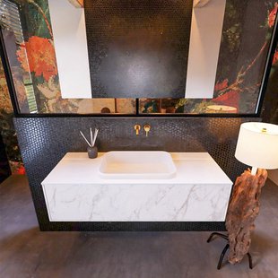 Badkamermeubelset Mondiaz Erin 120 cm met 1 Lade met RIDGE Wastafel Midden Talc Zonder Kraangaten Greeploos Mat Carrara