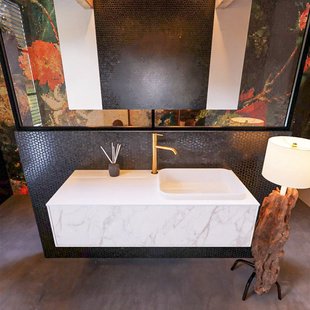 Badkamermeubelset Mondiaz Erin 120 cm met 1 Lade met RIDGE Wastafel Rechts Talc met 1 kraangat Greeploos Mat Carrara