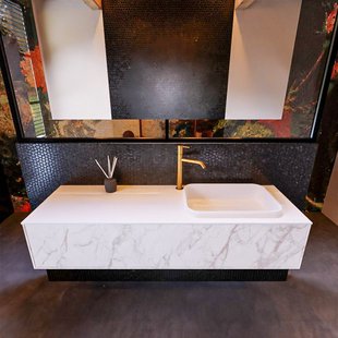 Badkamermeubelset Mondiaz Erin 150 cm met 1 Lade met RIDGE Wastafel Rechts Talc met 1 kraangat Greeploos Mat Carrara