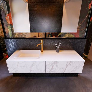 Badkamermeubelset Mondiaz Erin 150 cm met 2 Lades met RIDGE Wastafel Links Talc met 1 kraangat Greeploos Mat Carrara