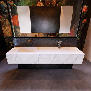 Badkamermeubelset Mondiaz Erin 200 cm met 2 Lades met RIDGE Wastafel Links Talc Zonder Kraangaten Greeploos Mat Carrara