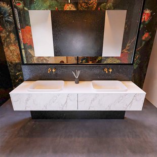 Badkamermeubelset Mondiaz Erin 200 cm met 2 Lades met RIDGE Wastafel Dubbel Talc Zonder Kraangaten Greeploos Mat Carrara