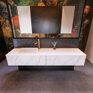 Badkamermeubelset Mondiaz Erin 200 cm met 2 Lades met RIDGE Wastafel Links Talc met 1 kraangat Greeploos Mat Carrara