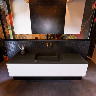 Badkamermeubelset Mondiaz Erin 150 cm met 1 Lade met RIDGE Wastafel Midden Urban Zonder Kraangaten Greeploos Mat Talc