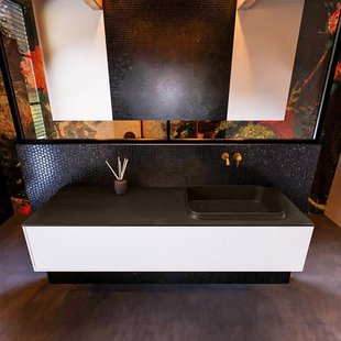 Badkamermeubelset Mondiaz Erin 150 cm met 1 Lade met RIDGE Wastafel Rechts Urban Zonder Kraangaten Greeploos Mat Talc