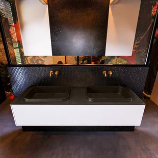 Badkamermeubelset Mondiaz Erin 150 cm met 1 Lade met RIDGE Wastafel Dubbel Urban Zonder Kraangaten Greeploos Mat Talc