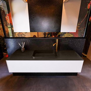 Badkamermeubelset Mondiaz Erin 150 cm met 1 Lade met RIDGE Wastafel Midden Urban met 1 kraangat Greeploos Mat Talc