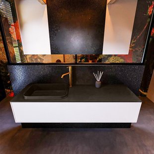 Badkamermeubelset Mondiaz Erin 150 cm met 1 Lade met RIDGE Wastafel Links Urban met 1 kraangat Greeploos Mat Talc