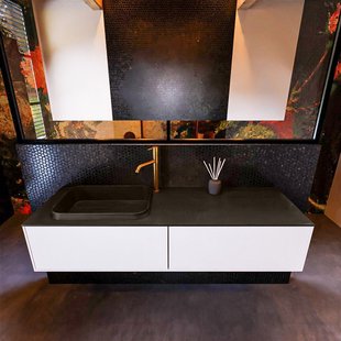 Badkamermeubelset Mondiaz Erin 150 cm met 2 Lades met RIDGE Wastafel Links Urban met 1 kraangat Greeploos Mat Talc