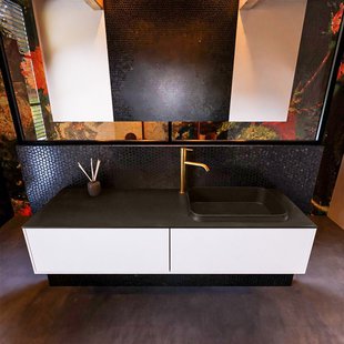 Badkamermeubelset Mondiaz Erin 150 cm met 2 Lades met RIDGE Wastafel Rechts Urban met 1 kraangat Greeploos Mat Talc