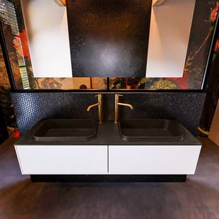 Badkamermeubelset Mondiaz Erin 150 cm met 2 Lades met RIDGE Wastafel Dubbel Urban met 2 kraangaten Greeploos Mat Talc