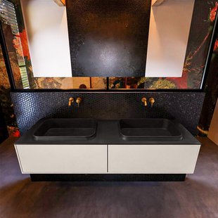 Badkamermeubelset Mondiaz Erin 150 cm met 2 Lades met RIDGE Wastafel Dubbel Urban Zonder Kraangaten Greeploos Mat Linen