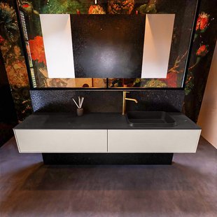 Badkamermeubelset Mondiaz Erin 200 cm met 2 Lades met RIDGE Wastafel Rechts Urban met 1 kraangat Greeploos Mat Linen