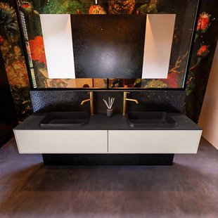 Badkamermeubelset Mondiaz Erin 200 cm met 2 Lades met RIDGE Wastafel Dubbel Urban met 2 kraangaten Greeploos Mat Linen