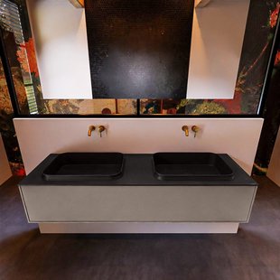 Badkamermeubelset Mondiaz Erin 150 cm met 1 Lade met RIDGE Wastafel Dubbel Urban Zonder Kraangaten Greeploos Mat Smoke