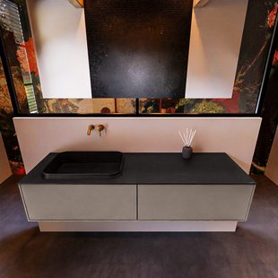 Badkamermeubelset Mondiaz Erin 150 cm met 2 Lades met RIDGE Wastafel Links Urban Zonder Kraangaten Greeploos Mat Smoke