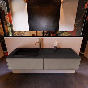 Badkamermeubelset Mondiaz Erin 150 cm met 2 Lades met RIDGE Wastafel Links Urban met 1 kraangat Greeploos Mat Smoke