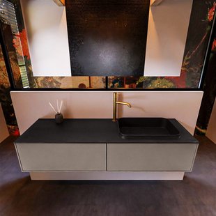 Badkamermeubelset Mondiaz Erin 150 cm met 2 Lades met RIDGE Wastafel Rechts Urban met 1 kraangat Greeploos Mat Smoke