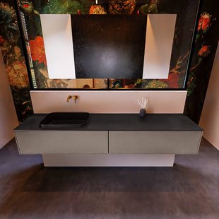 Badkamermeubelset Mondiaz Erin 200 cm met 2 Lades met RIDGE Wastafel Links Urban Zonder Kraangaten Greeploos Mat Smoke