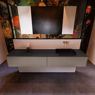 Badkamermeubelset Mondiaz Erin 200 cm met 2 Lades met RIDGE Wastafel Rechts Urban Zonder Kraangaten Greeploos Mat Smoke