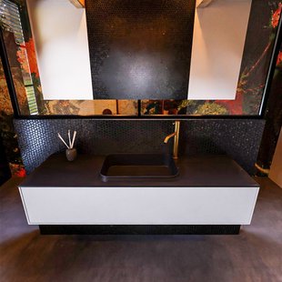 Badkamermeubelset Mondiaz Erin 150 cm met 1 Lade met RIDGE Wastafel Midden Urban met 1 kraangat Greeploos Mat Cale