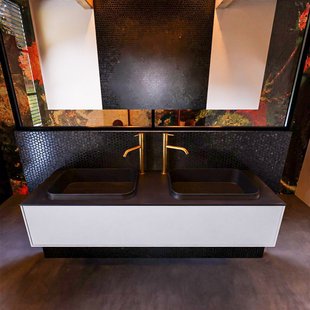 Badkamermeubelset Mondiaz Erin 150 cm met 1 Lade met RIDGE Wastafel Dubbel Urban met 2 kraangaten Greeploos Mat Cale