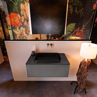 Badkamermeubelset Mondiaz Erin 80 cm met 1 Lade met RIDGE Wastafel Midden Urban Zonder Kraangaten Greeploos Mat Dark Grey