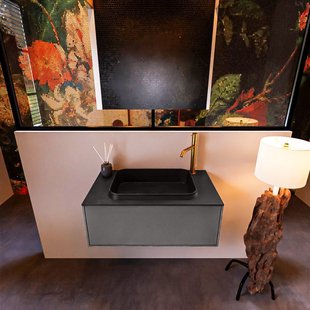 Badkamermeubelset Mondiaz Erin 80 cm met 1 Lade met RIDGE Wastafel Midden Urban met 1 kraangat Greeploos Mat Dark Grey