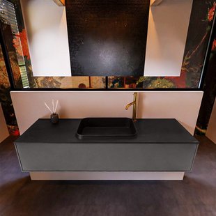 Badkamermeubelset Mondiaz Erin 150 cm met 1 Lade met RIDGE Wastafel Midden Urban met 1 kraangat Greeploos Mat Dark Grey