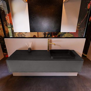 Badkamermeubelset Mondiaz Erin 150 cm met 1 Lade met RIDGE Wastafel Rechts Urban met 1 kraangat Greeploos Mat Dark Grey