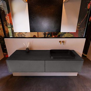 Badkamermeubelset Mondiaz Erin 150 cm met 2 Lades met RIDGE Wastafel Rechts Urban Zonder Kraangaten Greeploos Mat Dark Grey