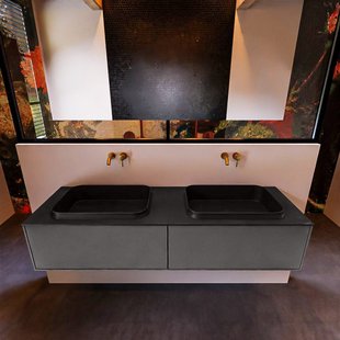 Badkamermeubelset Mondiaz Erin 150 cm met 2 Lades met RIDGE Wastafel Dubbel Urban Zonder Kraangaten Greeploos Mat Dark Grey