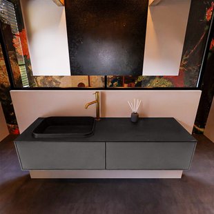 Badkamermeubelset Mondiaz Erin 150 cm met 2 Lades met RIDGE Wastafel Links Urban met 1 kraangat Greeploos Mat Dark Grey