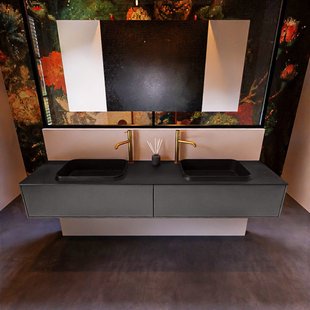 Badkamermeubelset Mondiaz Erin 200 cm met 2 Lades met RIDGE Wastafel Dubbel Urban met 2 kraangaten Greeploos Mat Dark Grey