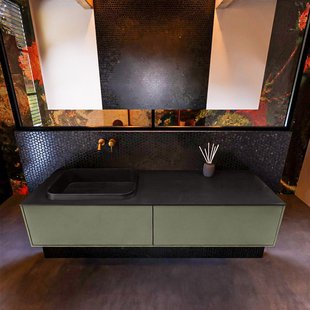 Badkamermeubelset Mondiaz Erin 150 cm met 2 Lades met RIDGE Wastafel Links Urban Zonder Kraangaten Greeploos Mat Army