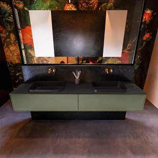 Badkamermeubelset Mondiaz Erin 200 cm met 2 Lades met RIDGE Wastafel Dubbel Urban Zonder Kraangaten Greeploos Mat Army