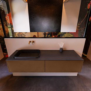 Badkamermeubelset Mondiaz Erin 150 cm met 2 Lades met RIDGE Wastafel Links Urban Zonder Kraangaten Greeploos Mat Rust